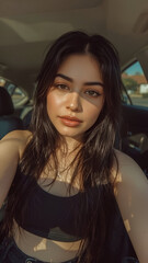Natural Beauty in Daylight – Young Woman with Long Hair Inside Car