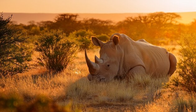 majestic rhinoceros resting in lush african landscape during golden hour light with vibrant vegetation and nature setting - Powered by Adobe