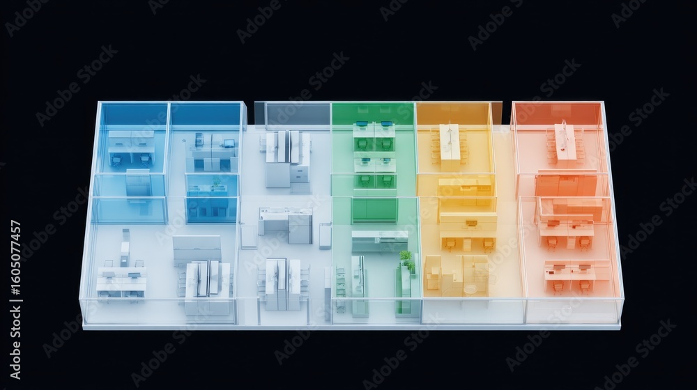 Aufkleber drone top-down view of open-plan office with individuals lit by colored overlays symbolizing differe