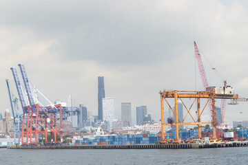 Fototapeta premium Cranes at Brooklyn port with Brooklyn skyline rising in background