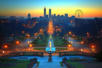 Illuminated city park overlooking the urban skyline at twilight.