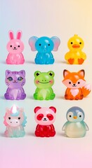 A grid of nine colorful, translucent toy animal figurines (rabbit, elephant, duck, cat, frog, fox, unicorn, panda, penguin) arranged neatly against a soft gradient background.