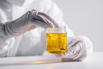 A food safety specialist in protective gear examines a sample jar of oil under studio lighting.