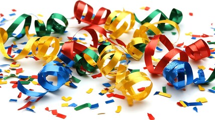 Colorful ribbons and confetti scattered on a white background