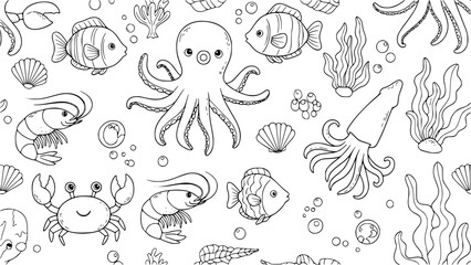 Cute cartoon marine life pattern with fish, octopus, crab, and shrimp isolated on white background