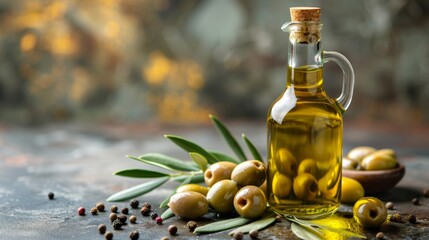 Glass bottle of olive oil with herbs on pastel green background for healthy food inspiration