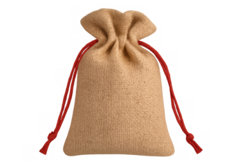Rough burlap sack secured with red string, displaying traditional craftsmanship, holding small contents against transparent backdrop