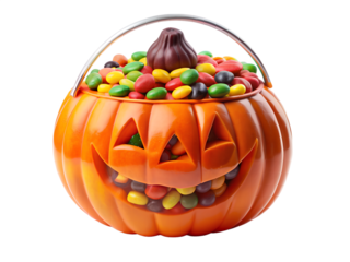 A carved orange pumpkin candy bucket filled with colorful assorted sweets for halloween isolated on transparent background