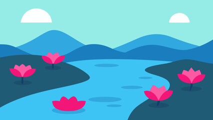 Calm River With Rocks And Pink Flowers Vector Illustration