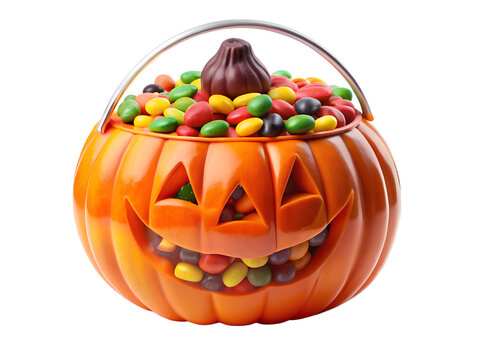 A carved orange pumpkin candy bucket filled with colorful assorted sweets for halloween isolated on transparent background
