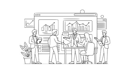 Obraz premium Business team collaborating on strategy and data analysis with charts and graphs in a modern office setting