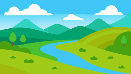Obraz premium Meadow with River and Rolling Hills Vector Illustration