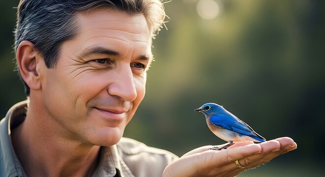 A man holds a small blue bird in his hand. - Powered by Adobe