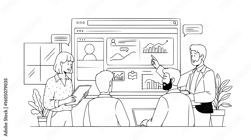 Aufkleber diverse team in a business meeting, analyzing data and charts on a large screen with a presenter
