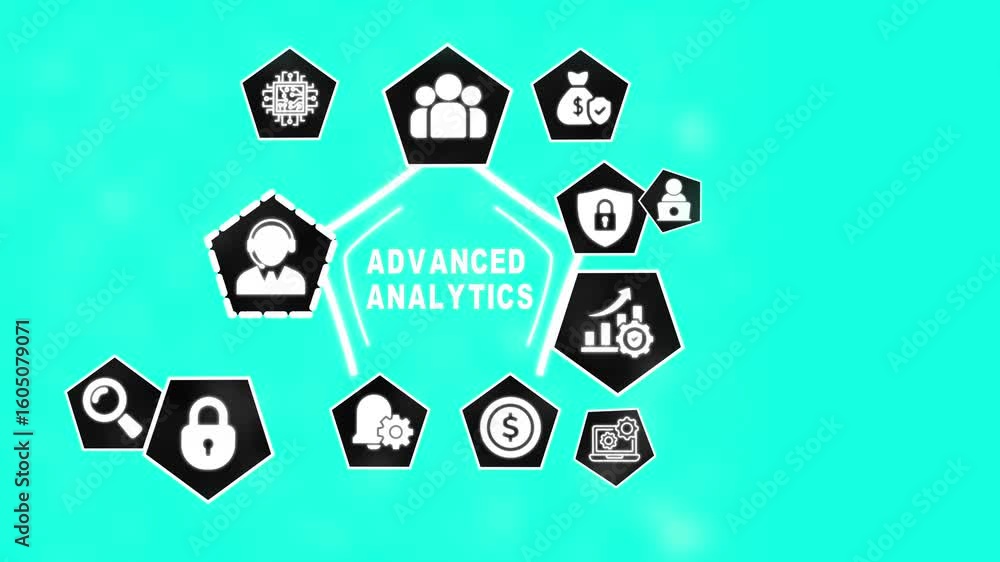 Poster advanced analytics concept graphic illustrating data analysis security teamwork financial growth