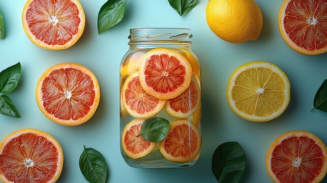 Glass jar filled with grapefruit and lemon slices in water, surrounded by more fruit and basil leaves on a pastel blue background