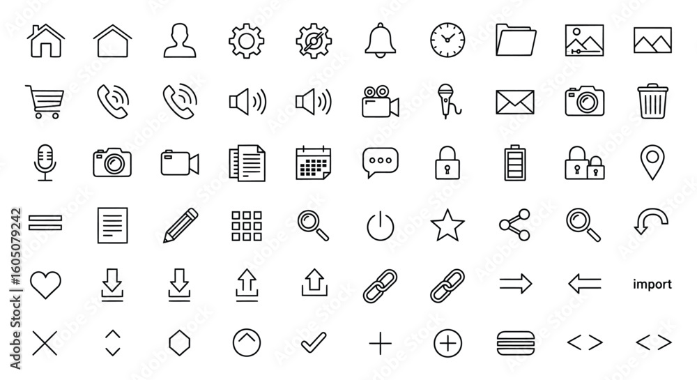 Poster discover a comprehensive collection of essential modern outline icons for digital interfaces, offeri