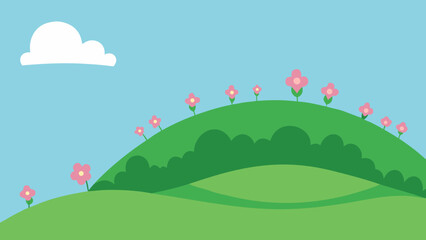Fototapeta premium Grassy Slope with Blooming Bushes Vector Illustration
