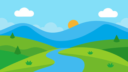 Obraz premium Meadow with River and Rolling Hills Vector Illustration