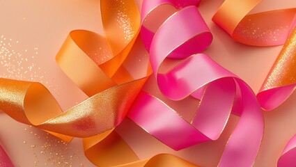 Vibrant Swirl of Satin Ribbons in Bright Orange and Pink Hues with Gentle Sparkles