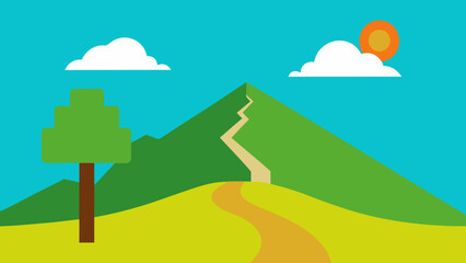 Sunny Mountain Trail with Tree and Sign Vector Illustration