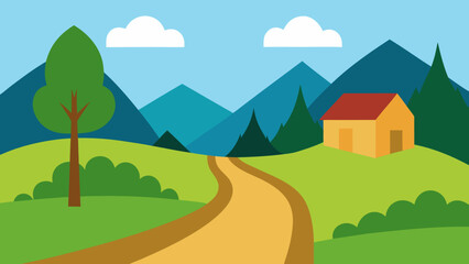 Obraz premium Village Path with Trees and Mountains