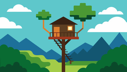 Treehouse with Valley Overlook View Vector Illustration