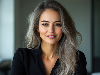 Confident woman smiles. Attractive female embodies elegance, in black attire. Promotes professionalism, sophistication. Perfect for marketing, web design, business materials.