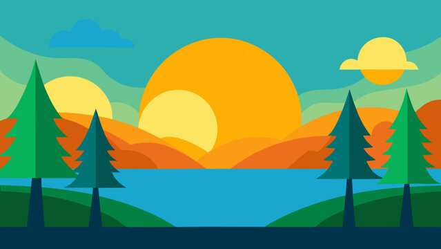 Lakeside Trees at Sunrise Scene Vector Illustration