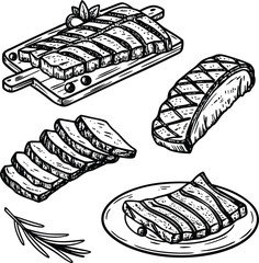 Vintage Hand Drawn Meat Cuts and Ribs Illustration – Grilled Pork Ribs, Steak Slices, and Seasoning for Butcher, BBQ, and Culinary Design