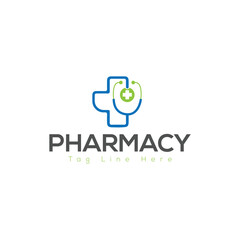 Pharmacy Logo Design &ndash; Medical Cross with Heart and Leaf Symbol Vector