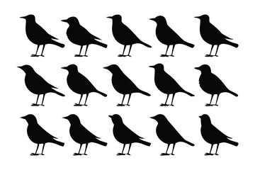 Twelve identical black bird silhouettes perched on thin brown branches against a white background