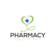 Pharmacy Logo Design &ndash; Medical Cross with Heart and Leaf Symbol Vector