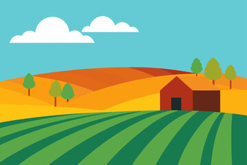 Obraz premium Fields with Distant Barn Pastoral Farm Landscape