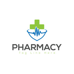 Pharmacy Logo Design &ndash; Medical Cross with Heart and Leaf Symbol Vector