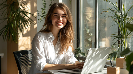 Smiling woman works on laptop by window. Business, workspace concept for marketing, web design, blog, or editorial use. Bright, modern, positive image.