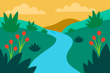 Fototapeta premium Narrow River with Wild Plants Vector Illustration