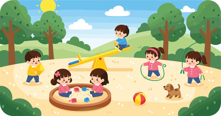 Children playing in park, outdoor kids activity, fun playground scene, happy children, nature background, summer day, preschool fun, illustration