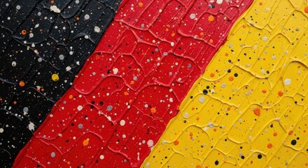 Abstract textured painting featuring the german flag colors of black red and yellow with paint splatters and visible brushstrokes