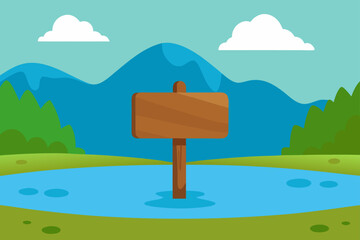 Cartoon Lake with Wooden Sign Charming Nature Scene
