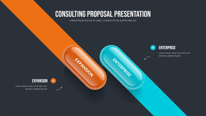 Sales Visualization Frame Template Vector Illustration. Business Briefing Two Step Diagram Slideshow Design. Market Portfolio 2 Element Infographic Slide Layout.
