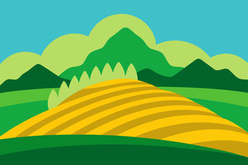 Obraz premium Hilltop Rice Field Scene Vector Landscape