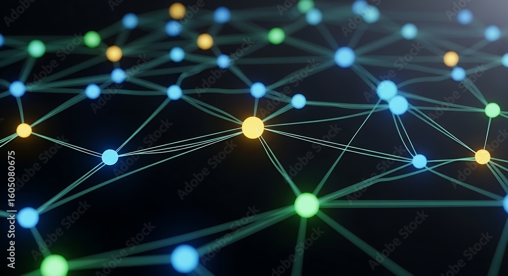 Poster abstract network of interconnected nodes with blue green and yellow lights on a dark background