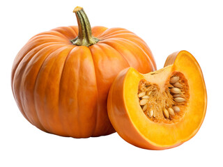 A whole orange pumpkin with a slice showing seeds and flesh isolated on white isolated on transparent background