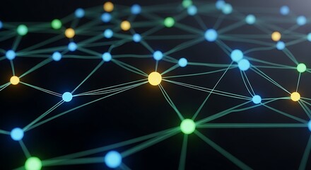 Abstract network of interconnected nodes with blue green and yellow lights on a dark background