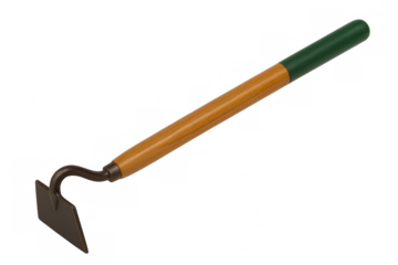 Green-handled gardening hoe with wooden shaft, metallic blade gleaming against transparent backdrop, ready for agricultural work