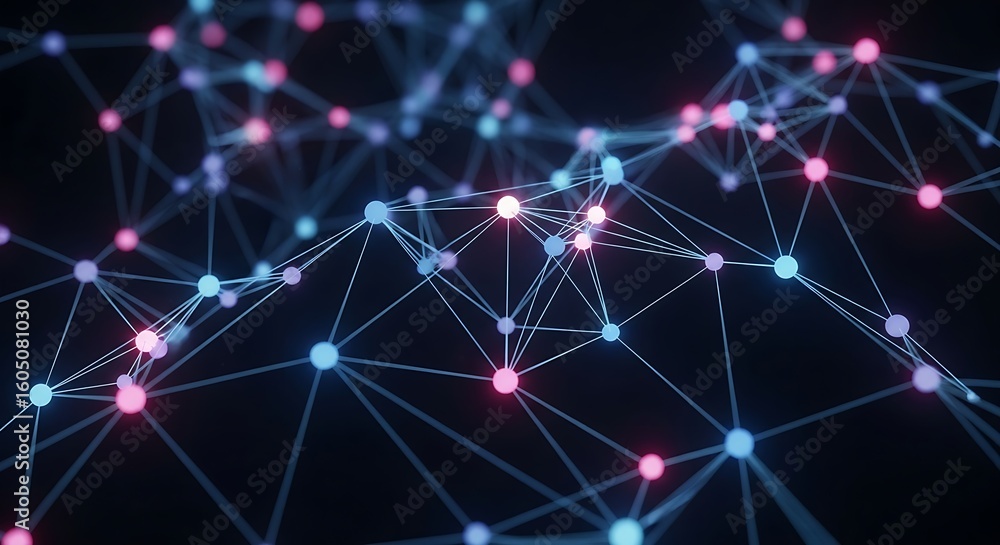 Poster abstract network with pink and blue nodes connected by lines on a dark background in a close up view