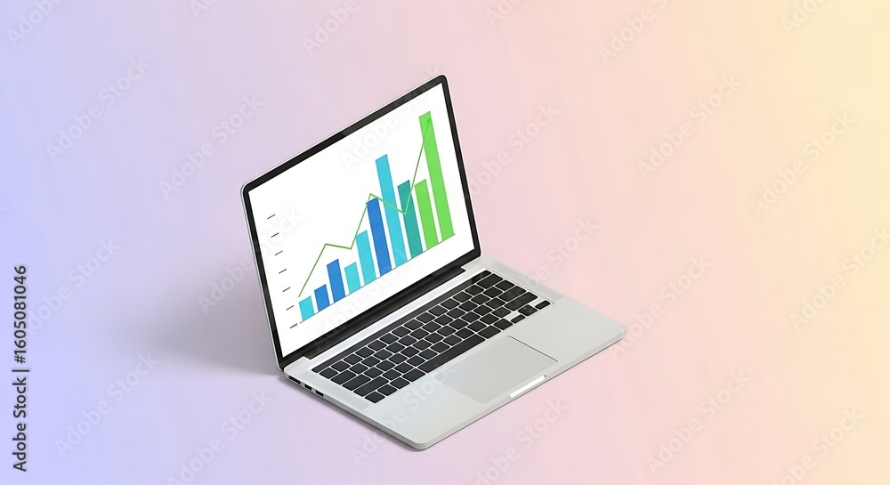 Fototapete Laptop displaying a bar graph and line graph on its screen against a gradient background