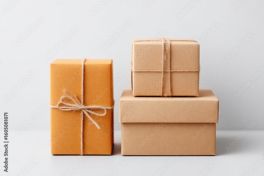 Poster flat lay of cardboard boxes in various sizes stacked on white background central space left blank
