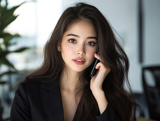 Businesswoman speaks on phone in office. Young professional uses smartphone. Modern style, for marketing, web, editorial use.